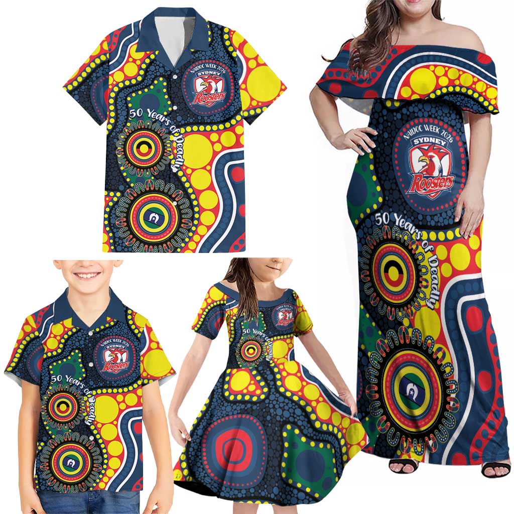 Roosters NAIDOC Week 2026 Personalised Family Matching Off Shoulder Maxi Dress and Hawaiian Shirt 50 Years of Deadly Aboriginal Art