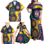 Roosters NAIDOC Week 2026 Personalised Family Matching Off Shoulder Maxi Dress and Hawaiian Shirt 50 Years of Deadly Aboriginal Art