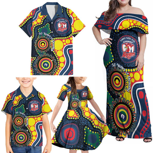 Roosters NAIDOC Week 2026 Personalised Family Matching Off Shoulder Maxi Dress and Hawaiian Shirt 50 Years of Deadly Aboriginal Art