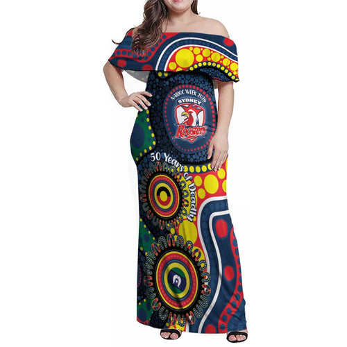Roosters NAIDOC Week 2026 Personalised Family Matching Off Shoulder Maxi Dress and Hawaiian Shirt 50 Years of Deadly Aboriginal Art