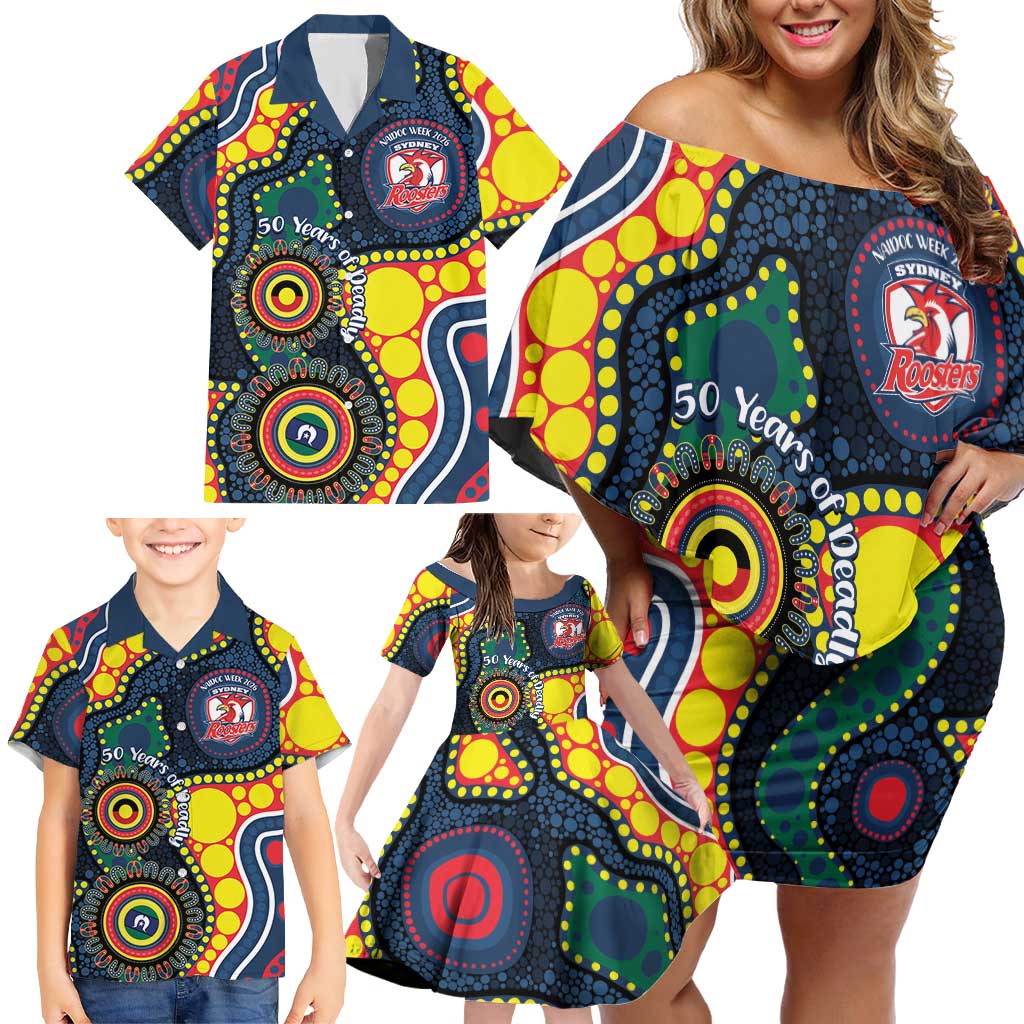 Roosters NAIDOC Week 2026 Personalised Family Matching Off Shoulder Short Dress and Hawaiian Shirt 50 Years of Deadly Aboriginal Art