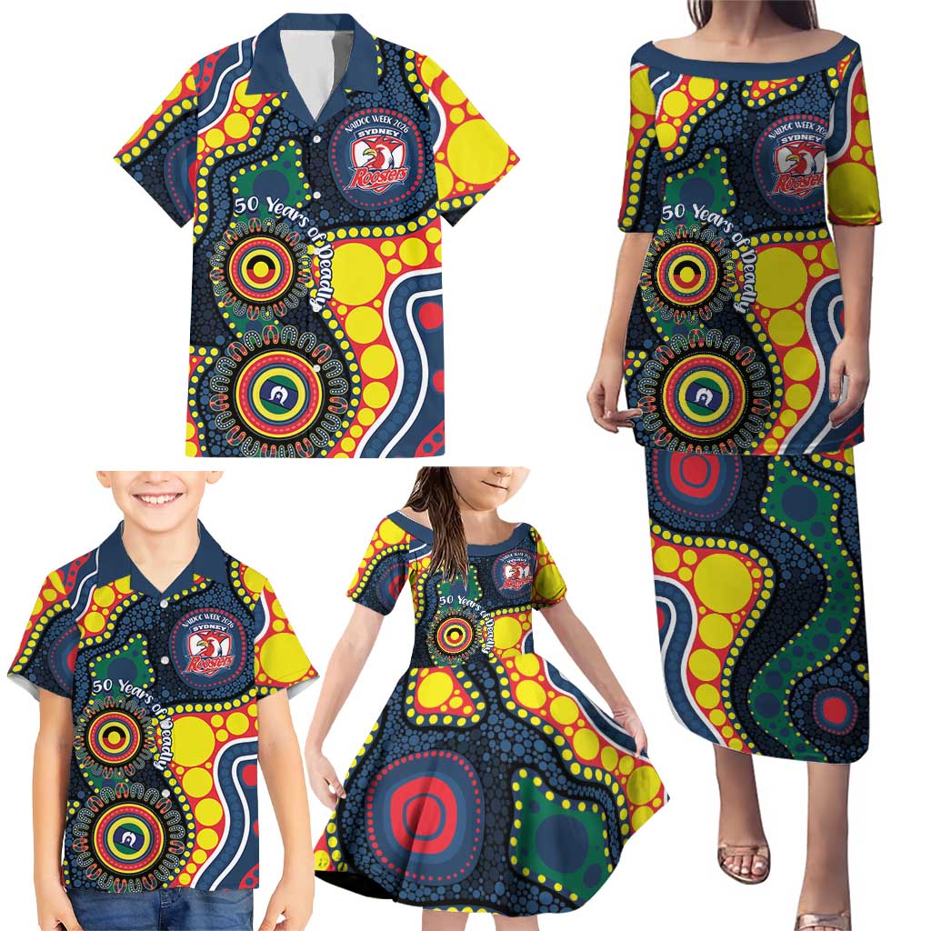 Roosters NAIDOC Week 2026 Personalised Family Matching Puletasi and Hawaiian Shirt 50 Years of Deadly Aboriginal Art