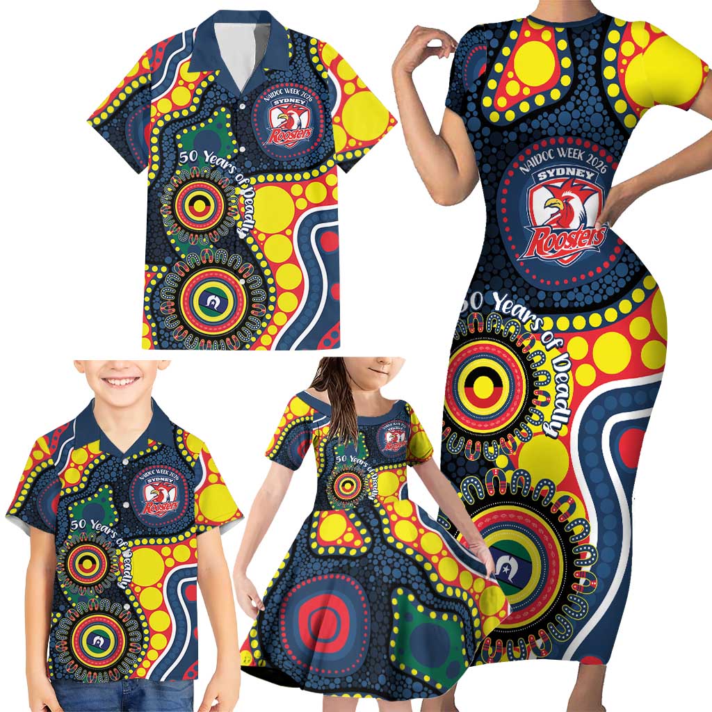 Roosters NAIDOC Week 2026 Personalised Family Matching Short Sleeve Bodycon Dress and Hawaiian Shirt 50 Years of Deadly Aboriginal Art