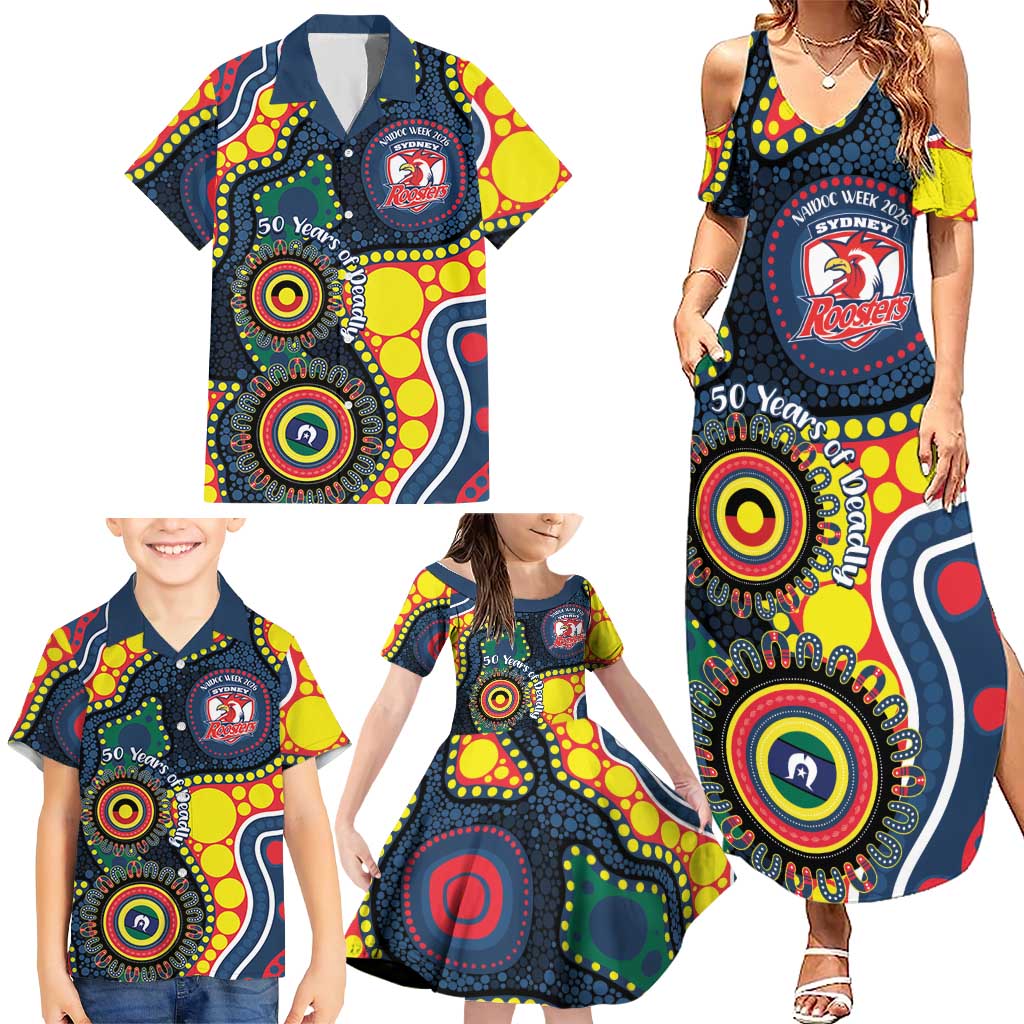 Roosters NAIDOC Week 2026 Personalised Family Matching Summer Maxi Dress and Hawaiian Shirt 50 Years of Deadly Aboriginal Art