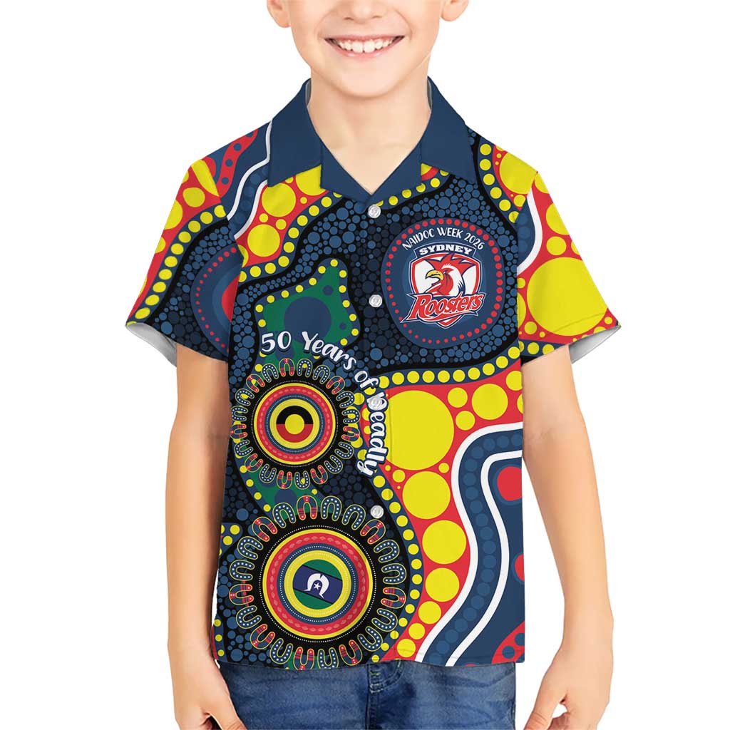Roosters NAIDOC Week 2026 Personalised Kid Hawaiian Shirt 50 Years of Deadly Aboriginal Art