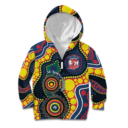 Roosters NAIDOC Week 2026 Personalised Kid Hoodie 50 Years of Deadly Aboriginal Art