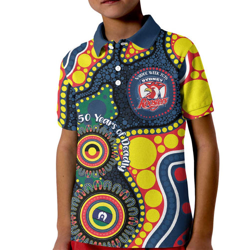 Roosters NAIDOC Week 2026 Personalised Kid Polo Shirt 50 Years of Deadly Aboriginal Art