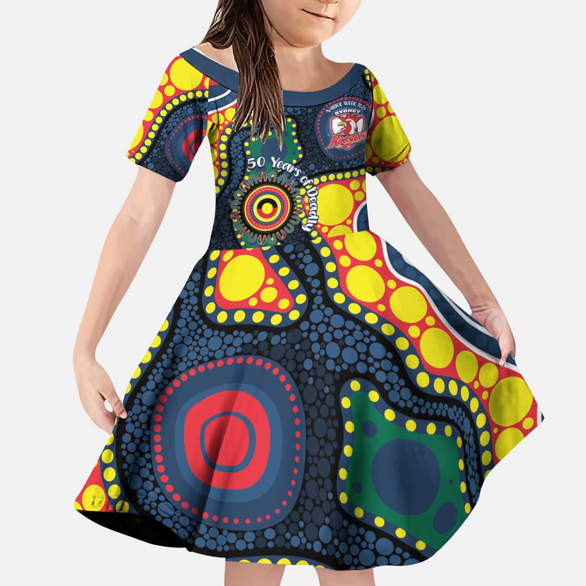 Roosters NAIDOC Week 2026 Personalised Kid Short Sleeve Dress 50 Years of Deadly Aboriginal Art