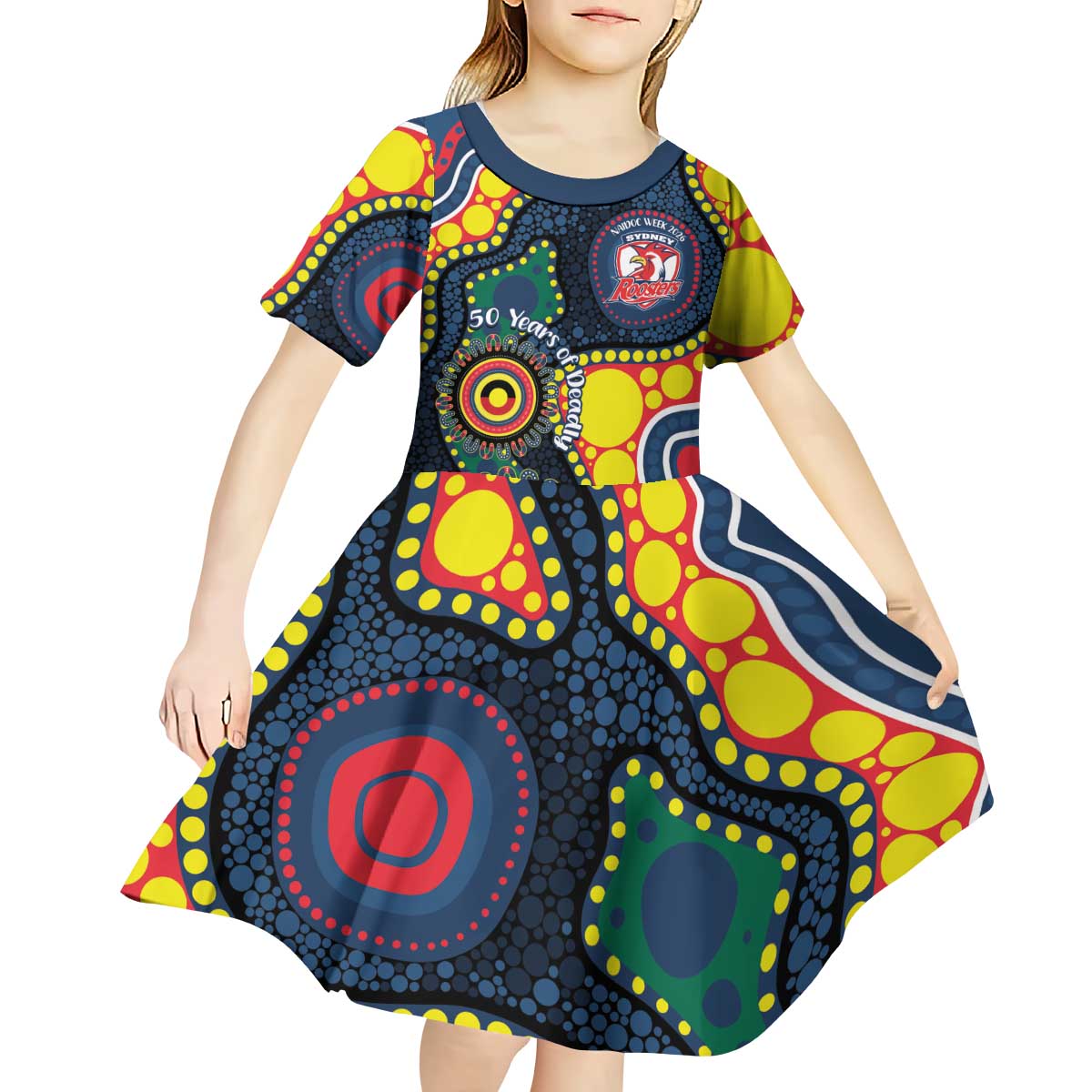 Roosters NAIDOC Week 2026 Personalised Kid Short Sleeve Dress 50 Years of Deadly Aboriginal Art