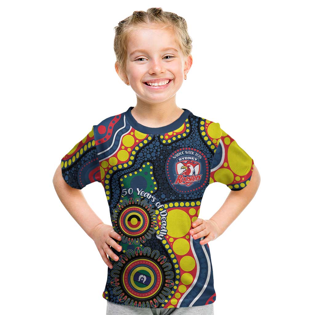 Roosters NAIDOC Week 2026 Personalised Kid T Shirt 50 Years of Deadly Aboriginal Art