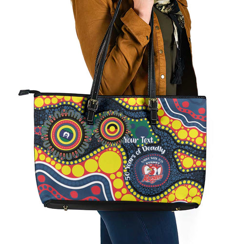 Roosters NAIDOC Week 2026 Personalised Leather Tote Bag 50 Years of Deadly Aboriginal Art