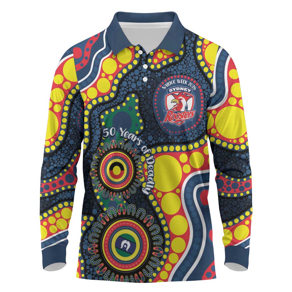 Roosters NAIDOC Week 2026 Personalised Long Sleeve Polo Shirt 50 Years of Deadly Aboriginal Art