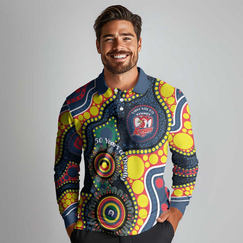 Roosters NAIDOC Week 2026 Personalised Long Sleeve Polo Shirt 50 Years of Deadly Aboriginal Art