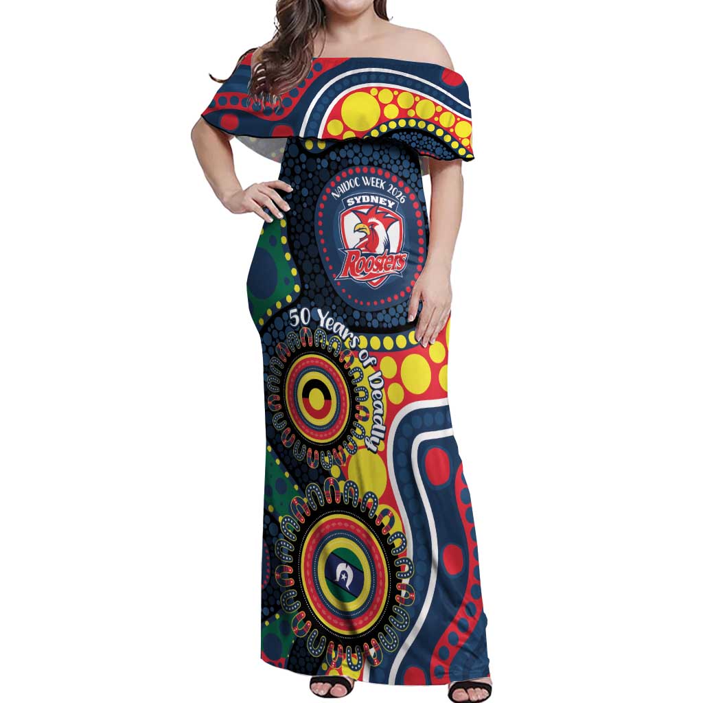 Roosters NAIDOC Week 2026 Personalised Off Shoulder Maxi Dress 50 Years of Deadly Aboriginal Art