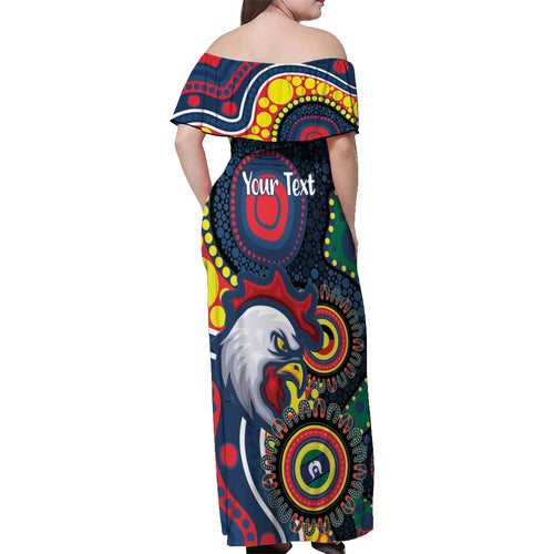Roosters NAIDOC Week 2026 Personalised Off Shoulder Maxi Dress 50 Years of Deadly Aboriginal Art