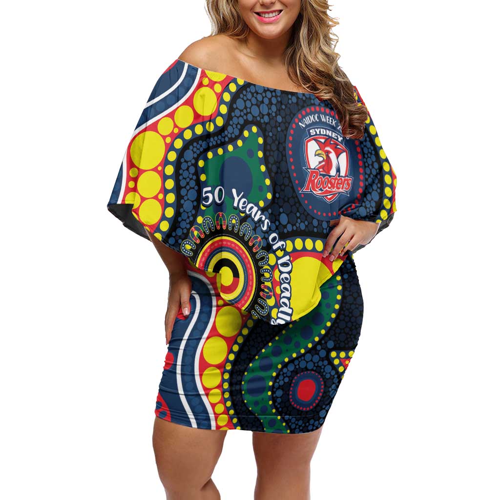 Roosters NAIDOC Week 2026 Personalised Off Shoulder Short Dress 50 Years of Deadly Aboriginal Art