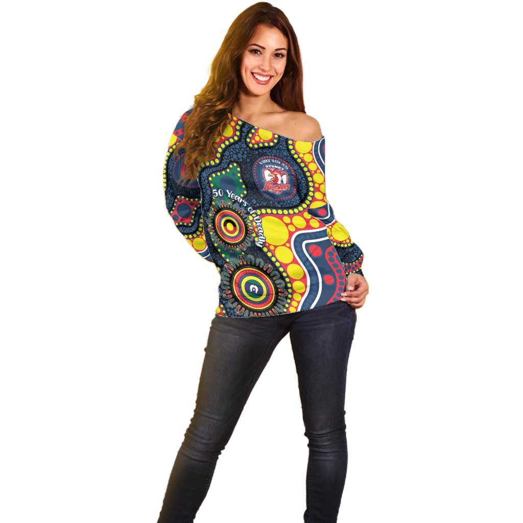Roosters NAIDOC Week 2026 Personalised Off Shoulder Sweater 50 Years of Deadly Aboriginal Art