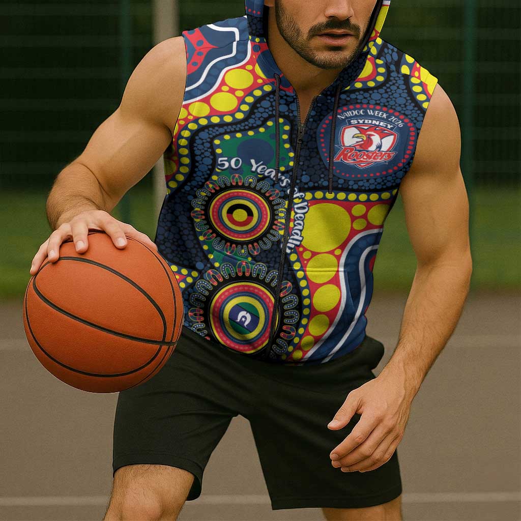 Roosters NAIDOC Week 2026 Personalised Sleeveless Zip Hoodie 50 Years of Deadly Aboriginal Art