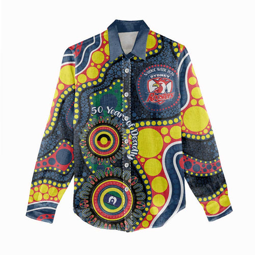 Roosters NAIDOC Week 2026 Personalised Women Casual Shirt 50 Years of Deadly Aboriginal Art