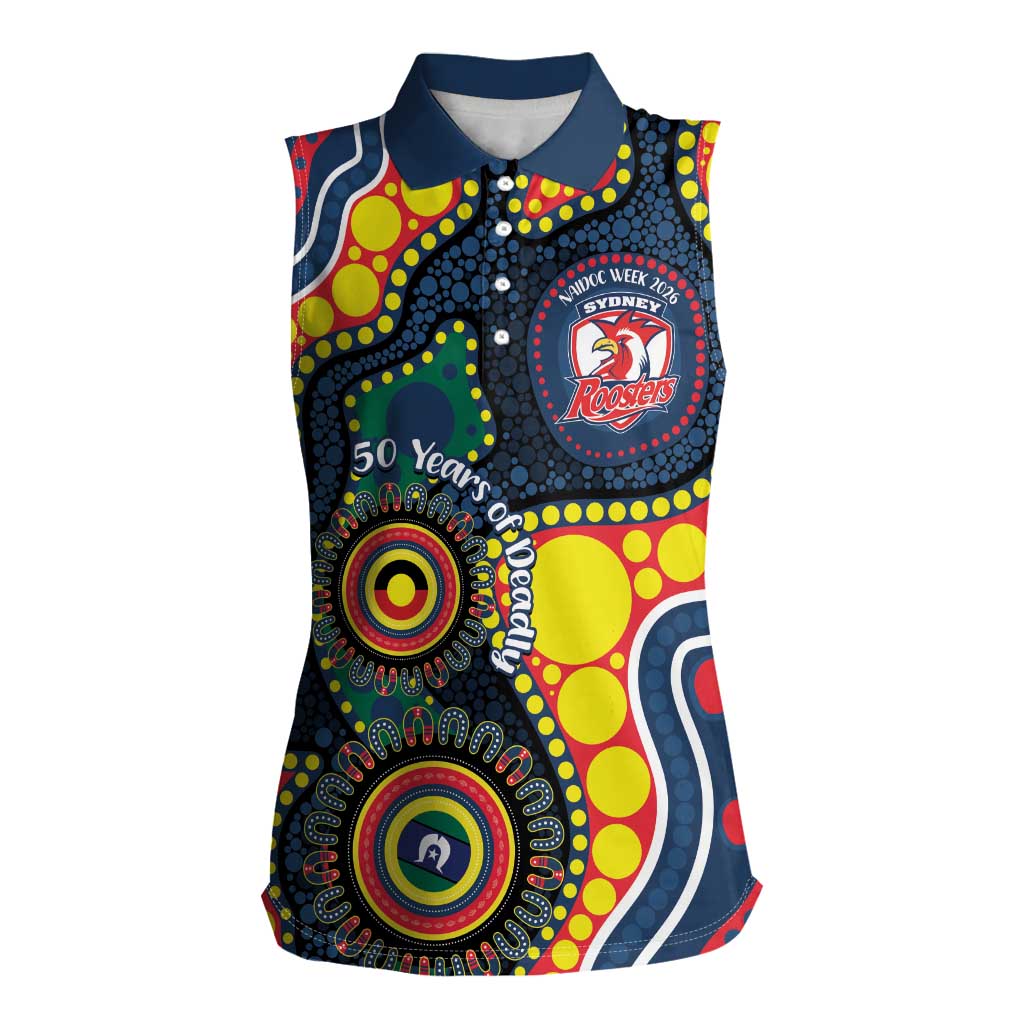 Roosters NAIDOC Week 2026 Personalised Women Sleeveless Polo Shirt 50 Years of Deadly Aboriginal Art