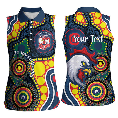 Roosters NAIDOC Week 2026 Personalised Women Sleeveless Polo Shirt 50 Years of Deadly Aboriginal Art