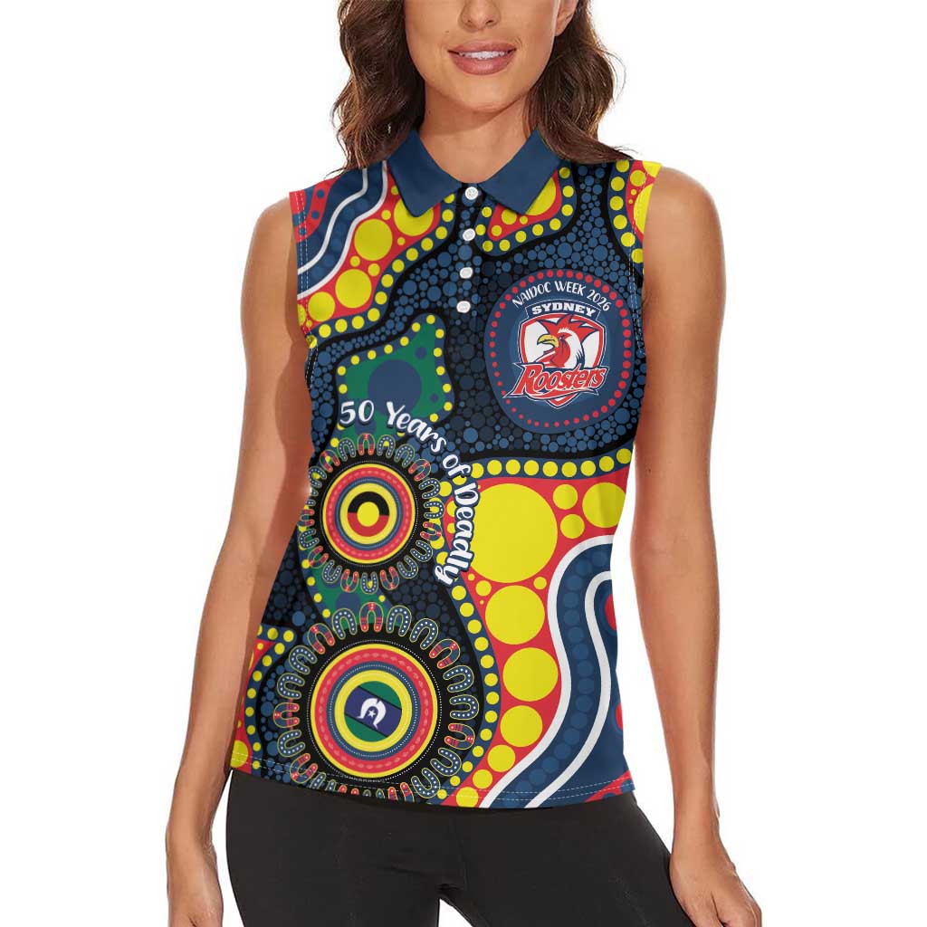 Roosters NAIDOC Week 2026 Personalised Women Sleeveless Polo Shirt 50 Years of Deadly Aboriginal Art