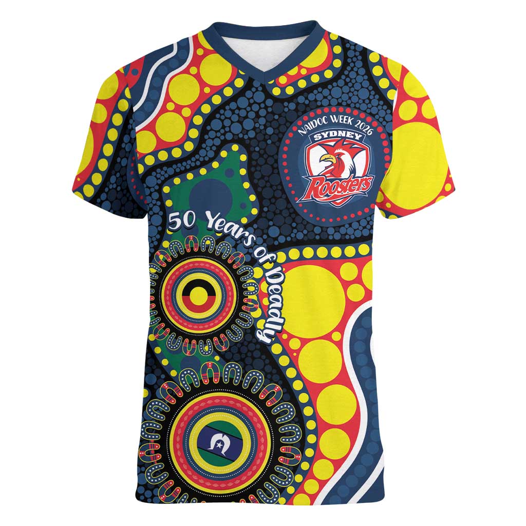 Roosters NAIDOC Week 2026 Personalised Women V-Neck T-Shirt 50 Years of Deadly Aboriginal Art