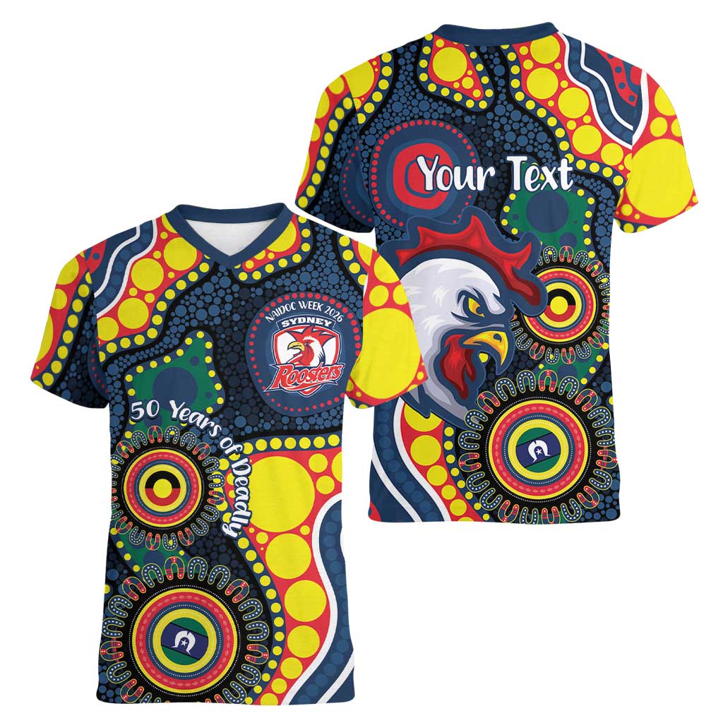 Roosters NAIDOC Week 2026 Personalised Women V-Neck T-Shirt 50 Years of Deadly Aboriginal Art