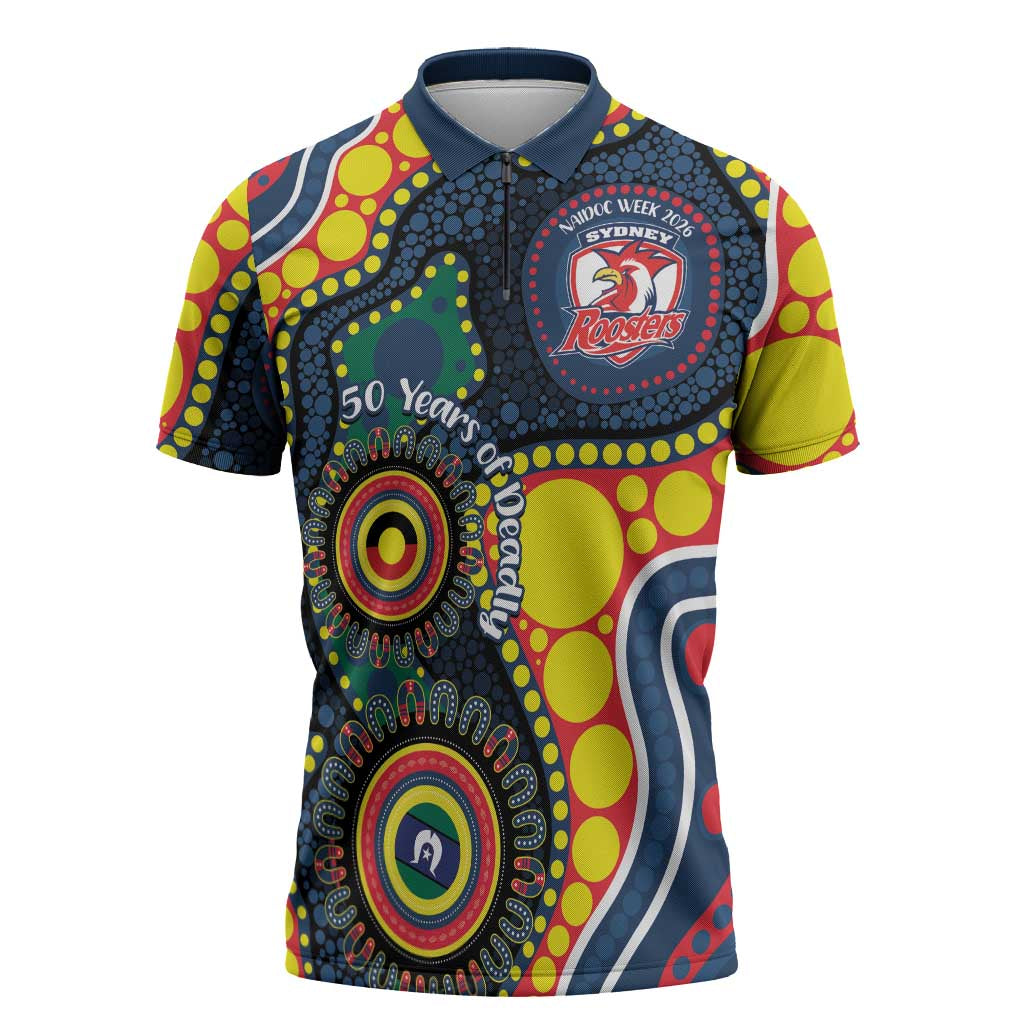 Roosters NAIDOC Week 2026 Personalised Zipper Polo Shirt 50 Years of Deadly Aboriginal Art