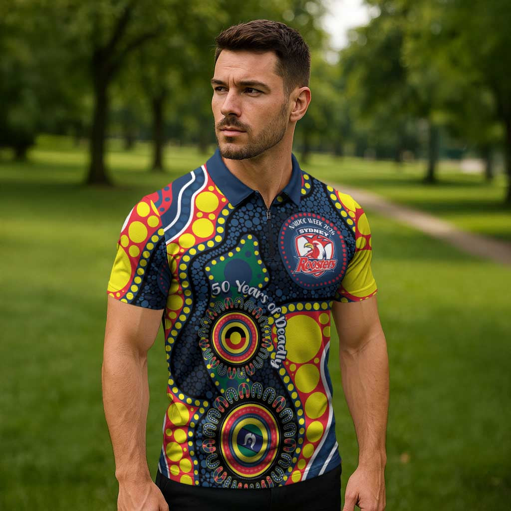 Roosters NAIDOC Week 2026 Personalised Zipper Polo Shirt 50 Years of Deadly Aboriginal Art