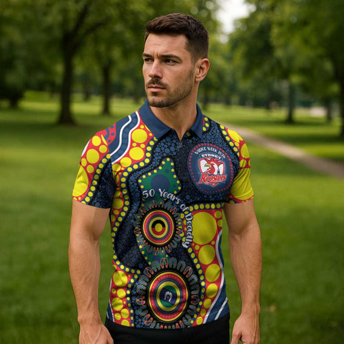 Roosters NAIDOC Week 2026 Personalised Zipper Polo Shirt 50 Years of Deadly Aboriginal Art