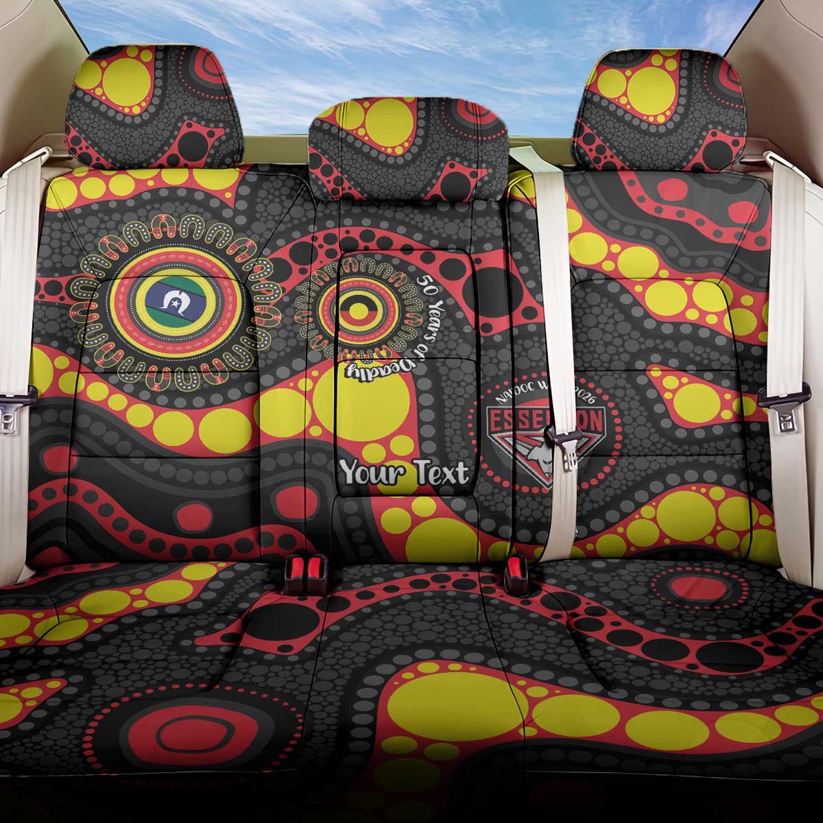 Essendon Bombers NAIDOC Week 2026 Personalised Back Car Seat Cover 50 Years of Deadly Aboriginal Art