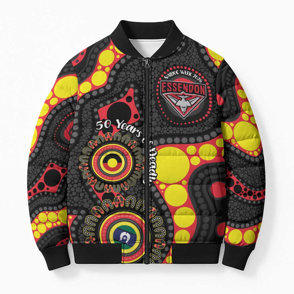 Essendon Bombers NAIDOC Week 2026 Personalised Bomber Puffer Jacket 50 Years of Deadly Aboriginal Art