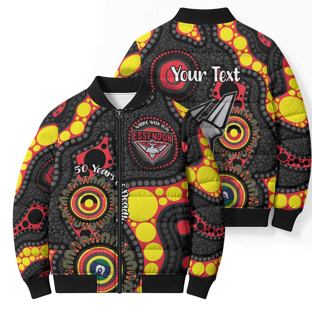 Essendon Bombers NAIDOC Week 2026 Personalised Bomber Puffer Jacket 50 Years of Deadly Aboriginal Art