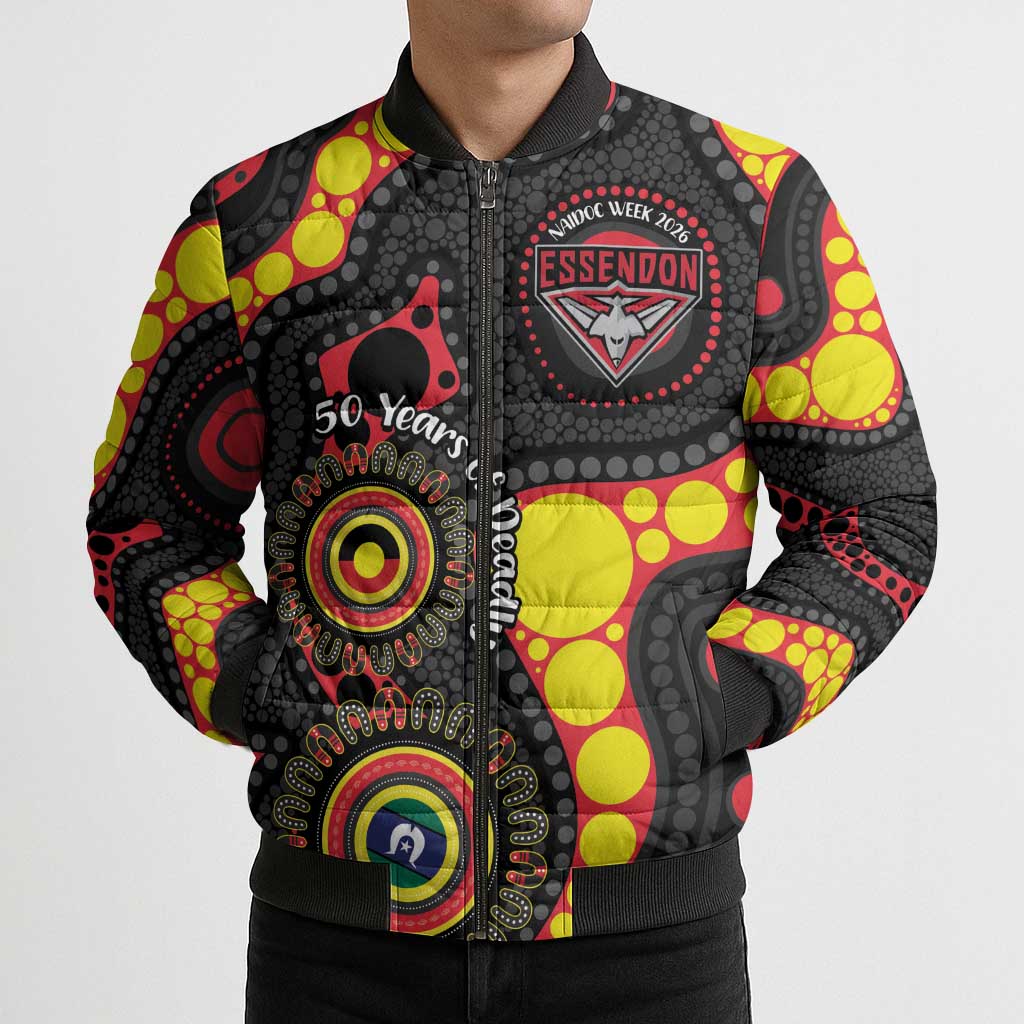 Essendon Bombers NAIDOC Week 2026 Personalised Bomber Puffer Jacket 50 Years of Deadly Aboriginal Art