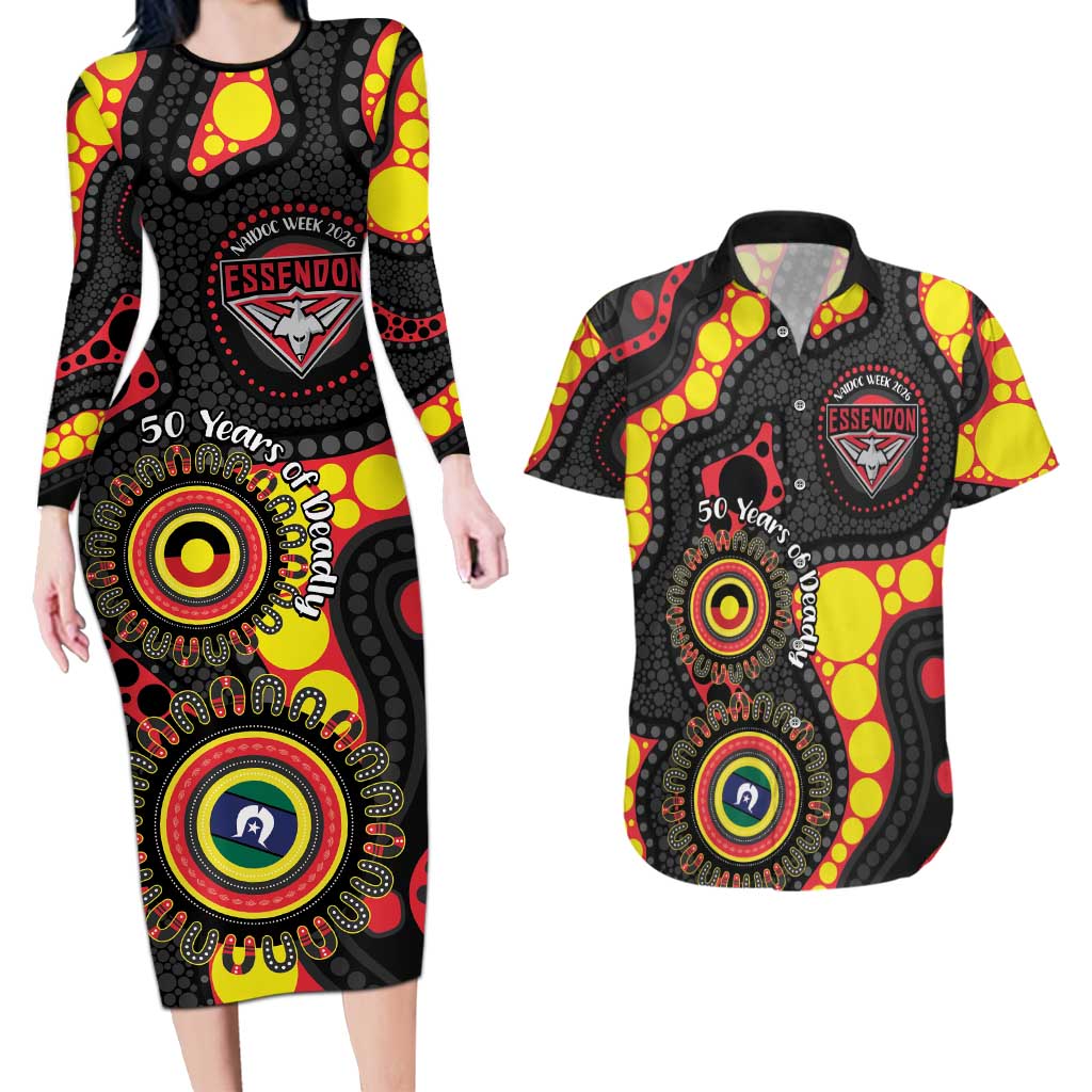 Essendon Bombers NAIDOC Week 2026 Personalised Couples Matching Long Sleeve Bodycon Dress and Hawaiian Shirt 50 Years of Deadly Aboriginal Art