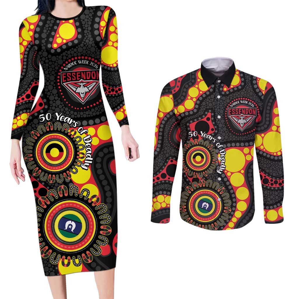 Essendon Bombers NAIDOC Week 2026 Personalised Couples Matching Long Sleeve Bodycon Dress and Long Sleeve Button Shirt 50 Years of Deadly Aboriginal Art