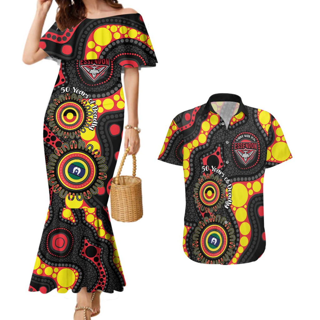 Essendon Bombers NAIDOC Week 2026 Personalised Couples Matching Mermaid Dress and Hawaiian Shirt 50 Years of Deadly Aboriginal Art