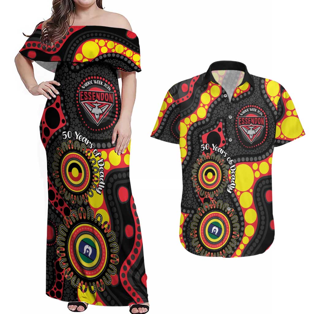 Essendon Bombers NAIDOC Week 2026 Personalised Couples Matching Off Shoulder Maxi Dress and Hawaiian Shirt 50 Years of Deadly Aboriginal Art