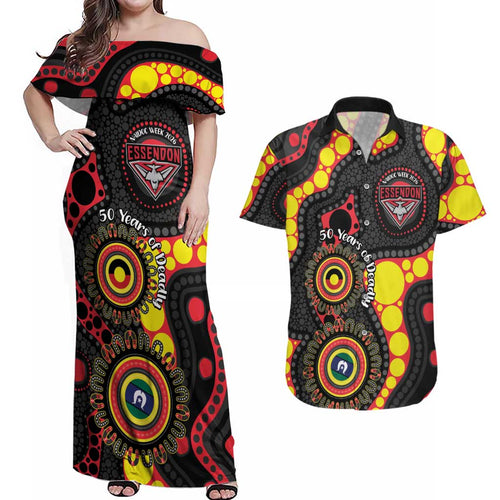 Essendon Bombers NAIDOC Week 2026 Personalised Couples Matching Off Shoulder Maxi Dress and Hawaiian Shirt 50 Years of Deadly Aboriginal Art