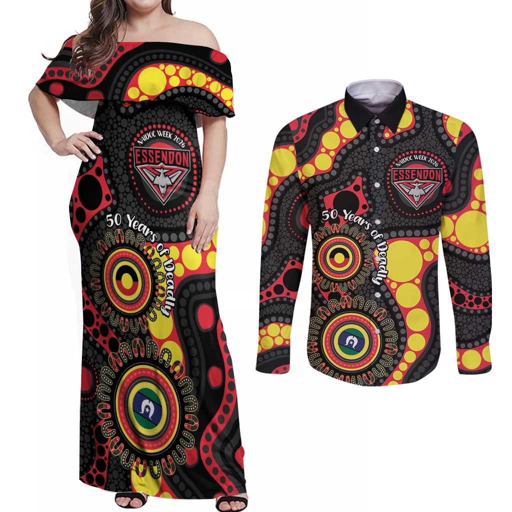 Essendon Bombers NAIDOC Week 2026 Personalised Couples Matching Off Shoulder Maxi Dress and Long Sleeve Button Shirt 50 Years of Deadly Aboriginal Art