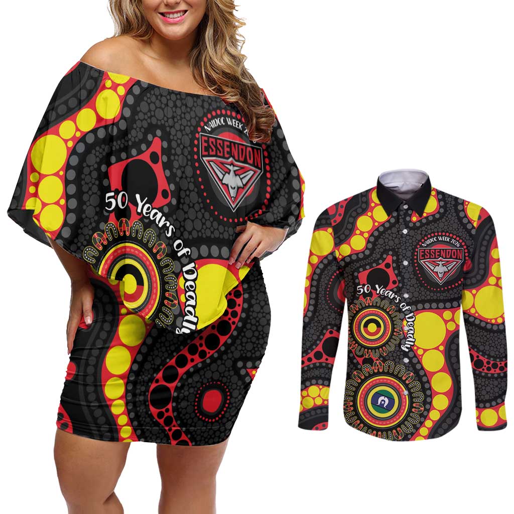 Essendon Bombers NAIDOC Week 2026 Personalised Couples Matching Off Shoulder Short Dress and Long Sleeve Button Shirt 50 Years of Deadly Aboriginal Art