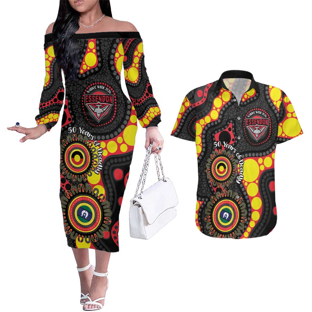Essendon Bombers NAIDOC Week 2026 Personalised Couples Matching Off The Shoulder Long Sleeve Dress and Hawaiian Shirt 50 Years of Deadly Aboriginal Art