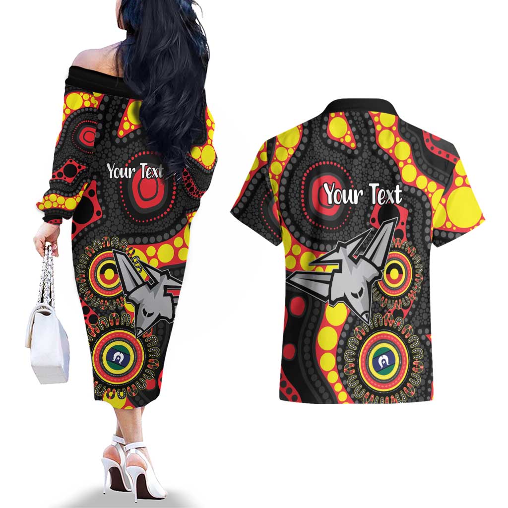 Essendon Bombers NAIDOC Week 2026 Personalised Couples Matching Off The Shoulder Long Sleeve Dress and Hawaiian Shirt 50 Years of Deadly Aboriginal Art