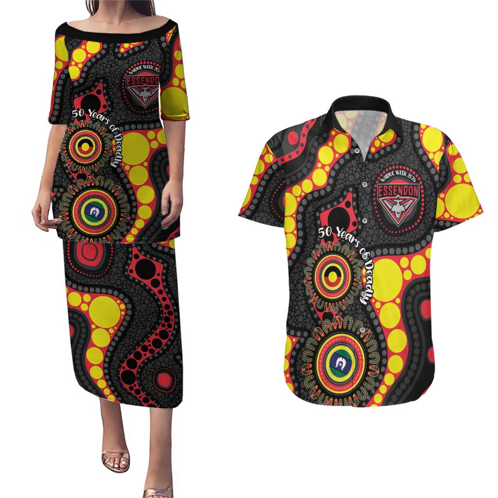 Essendon Bombers NAIDOC Week 2026 Personalised Couples Matching Puletasi and Hawaiian Shirt 50 Years of Deadly Aboriginal Art