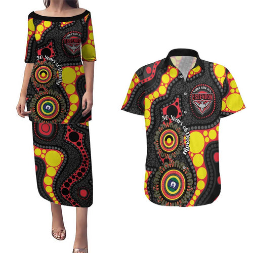 Essendon Bombers NAIDOC Week 2026 Personalised Couples Matching Puletasi and Hawaiian Shirt 50 Years of Deadly Aboriginal Art