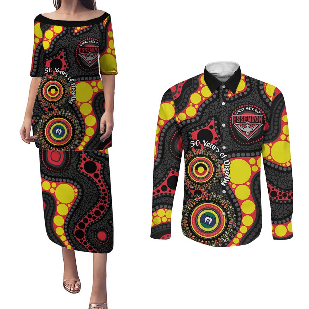 Essendon Bombers NAIDOC Week 2026 Personalised Couples Matching Puletasi and Long Sleeve Button Shirt 50 Years of Deadly Aboriginal Art