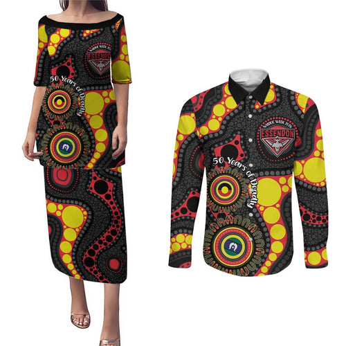 Essendon Bombers NAIDOC Week 2026 Personalised Couples Matching Puletasi and Long Sleeve Button Shirt 50 Years of Deadly Aboriginal Art