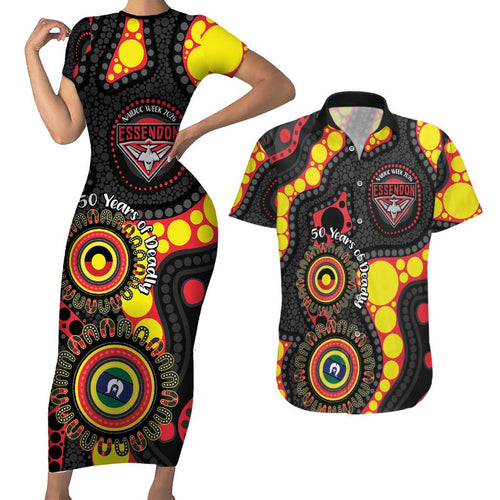 Essendon Bombers NAIDOC Week 2026 Personalised Couples Matching Short Sleeve Bodycon Dress and Hawaiian Shirt 50 Years of Deadly Aboriginal Art