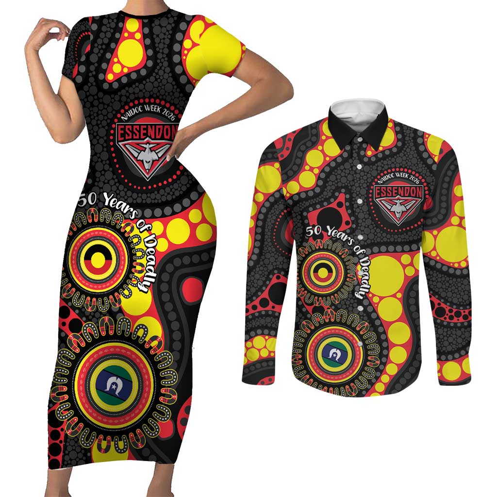 Essendon Bombers NAIDOC Week 2026 Personalised Couples Matching Short Sleeve Bodycon Dress and Long Sleeve Button Shirt 50 Years of Deadly Aboriginal Art